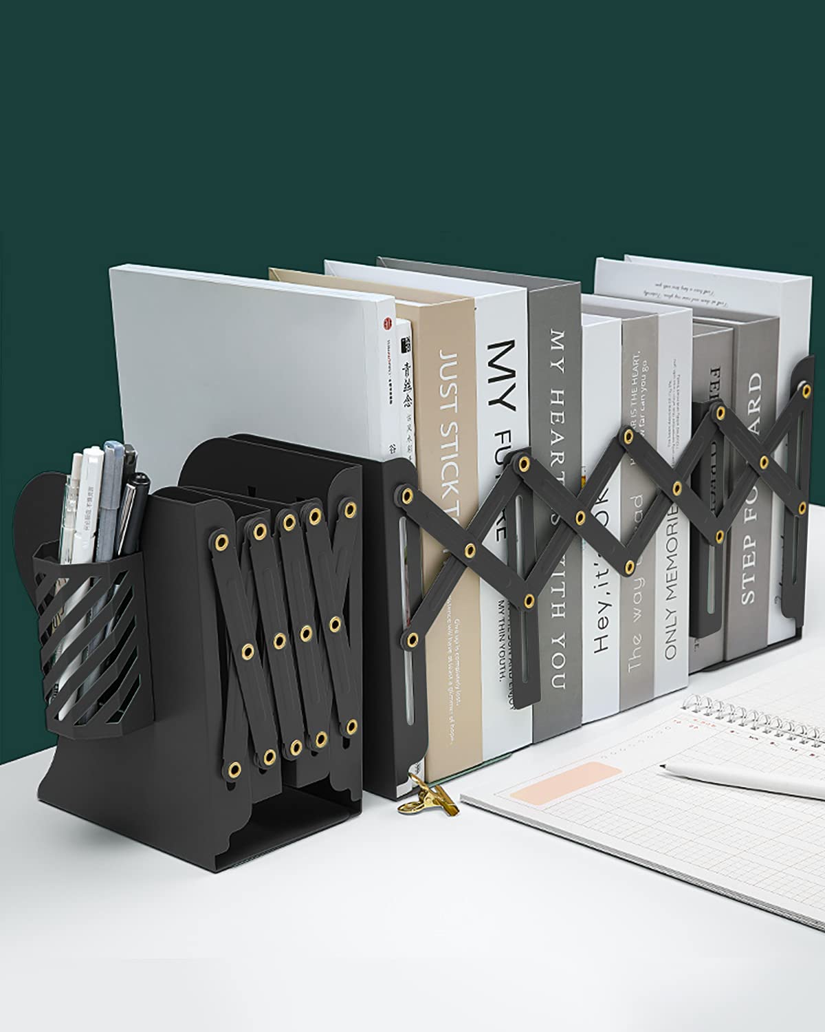 MSDADA Adjustable Bookends, Book Ends for Heavy Books, Expandable Book Organizer with Pen Holder