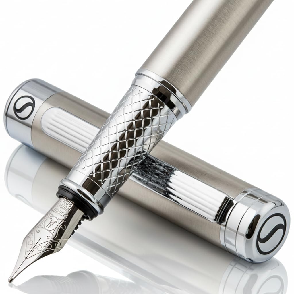 Scriveiner Stainless Steel Fountain Pen - Stunning Luxury Pen with Steel Finish, Schmidt Steel Nib
