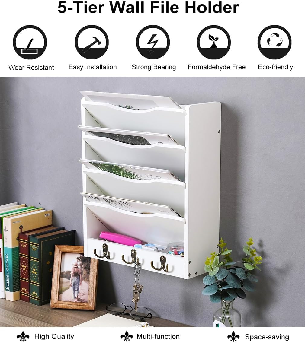 PAG-Mass 5-Tier Wall File Holder Hanging Mail Organizer Wood Magazine Literature Rack with 6 Hooks
