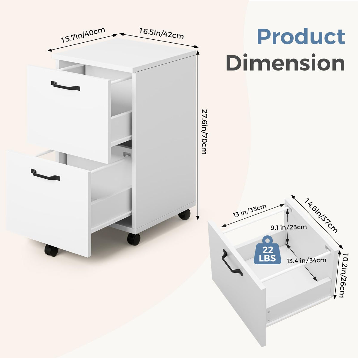 DUMOS 2 Drawer Filing Cabinet, Rolling Under Desk Storage, White