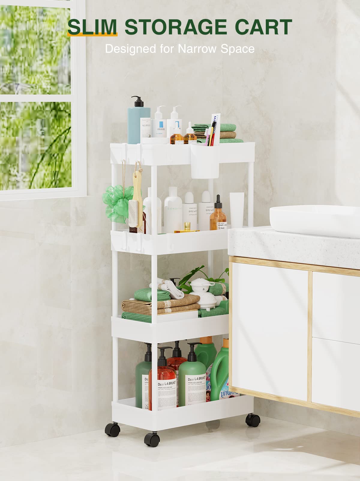 LEHOM Slim Rolling Storage Cart - 4 Tiers Bathroom Organizer Utility Cart