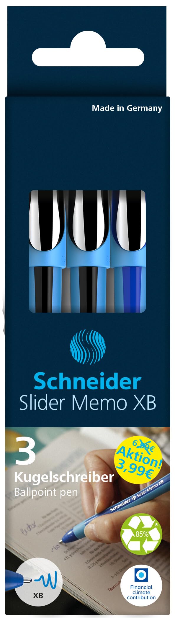Schneider Slider Memo XB Ballpoint Pen with Cap, Stroke Width: XB, Ink Colour: Black/Blue, Made in