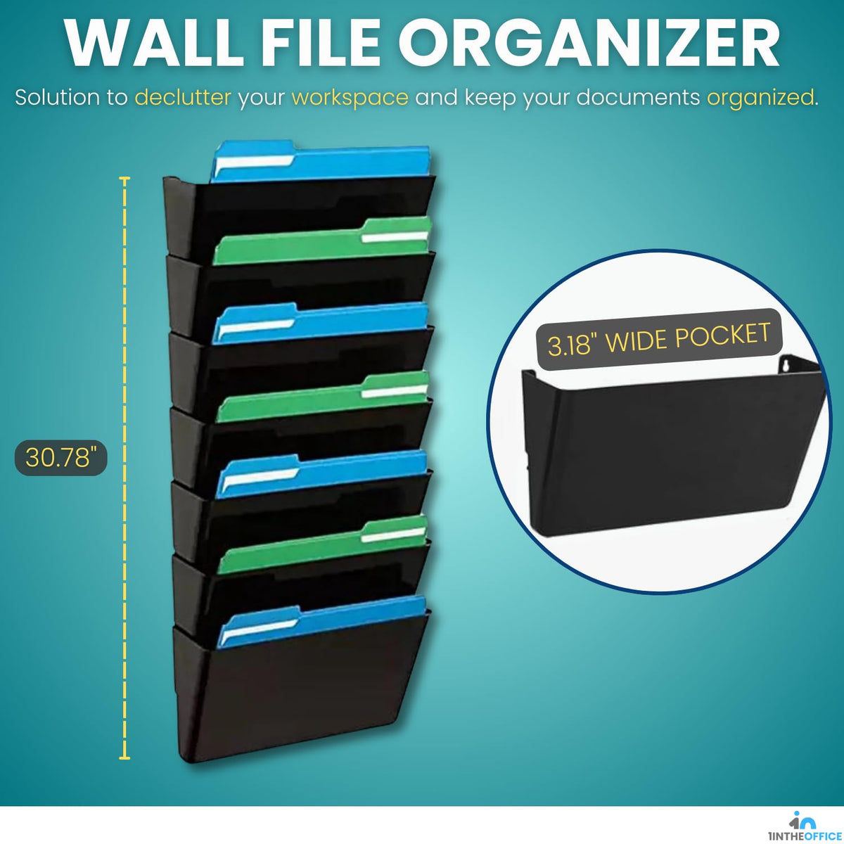 1InTheHome Hanging Wall File Organizer, Wall Mounted File Holder, Letter Size, 7 Pocket