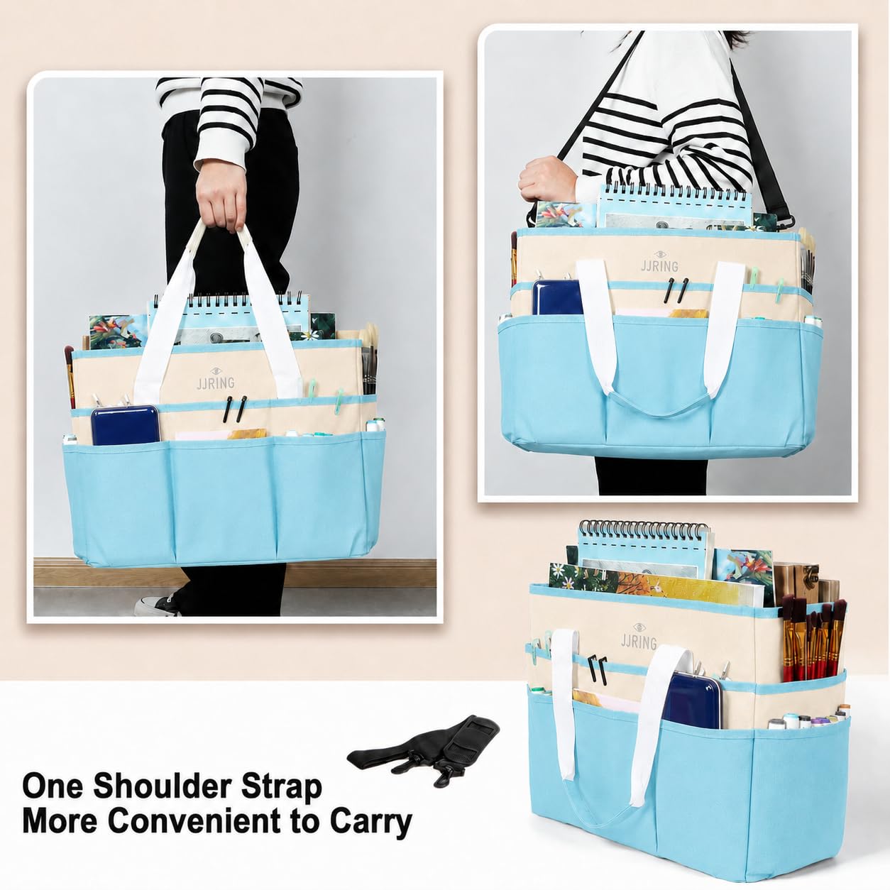 JJRING Craft Organizer Tote Bag Large Art Storage Caddy Sky Blue and Beige