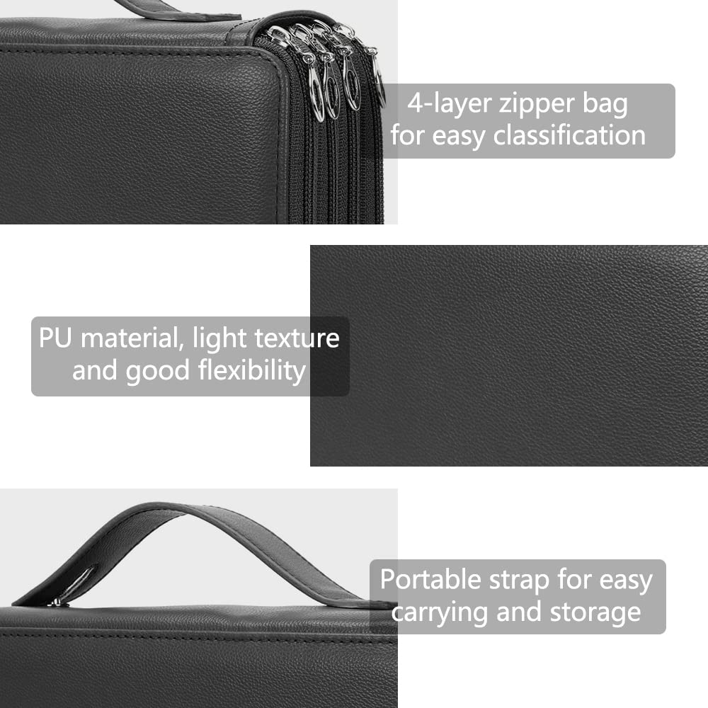 Vomgomfom 200 Slots Pencil Case 4-Layer PU Leather, Handle, Solid Black