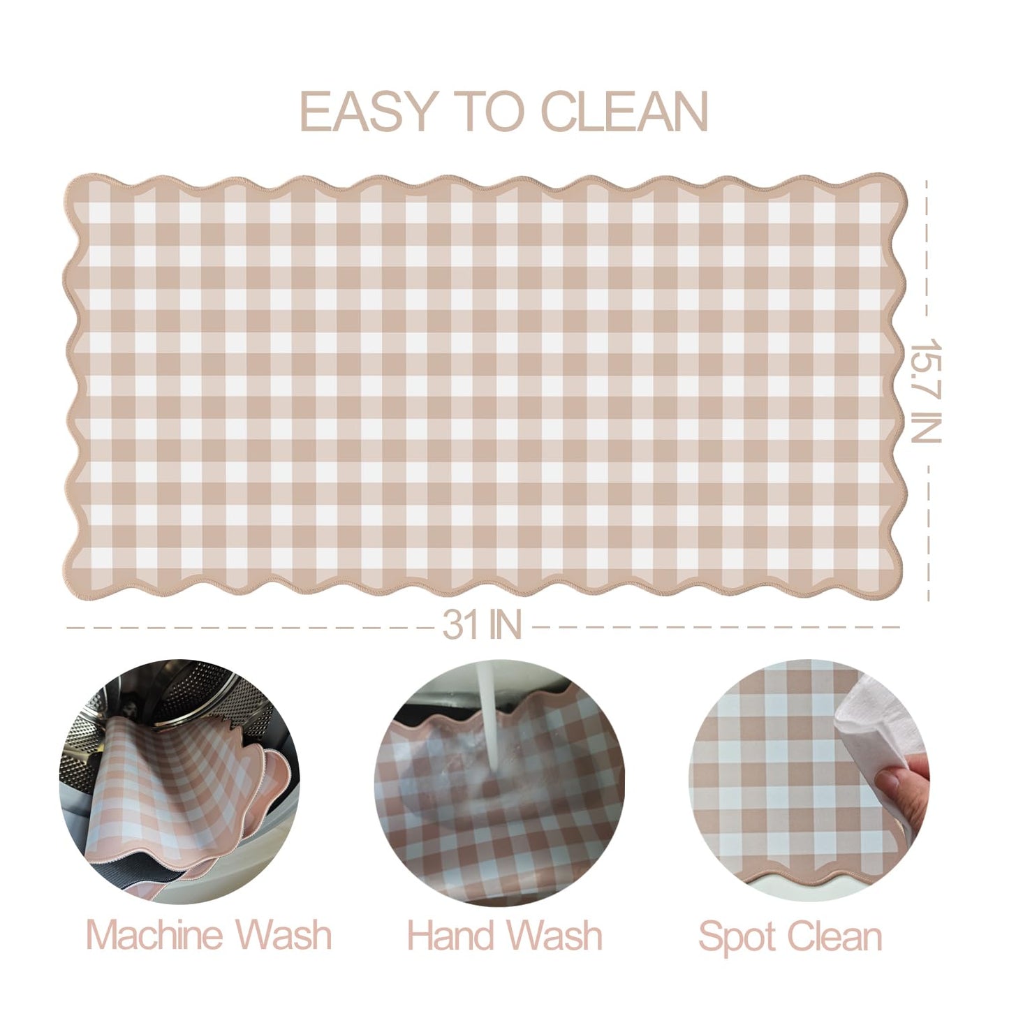 Scalloped‌ Checkered Desk Mat Cute Light Brown Gingham XXL Large Gaming Mouse Pad Farmhouse