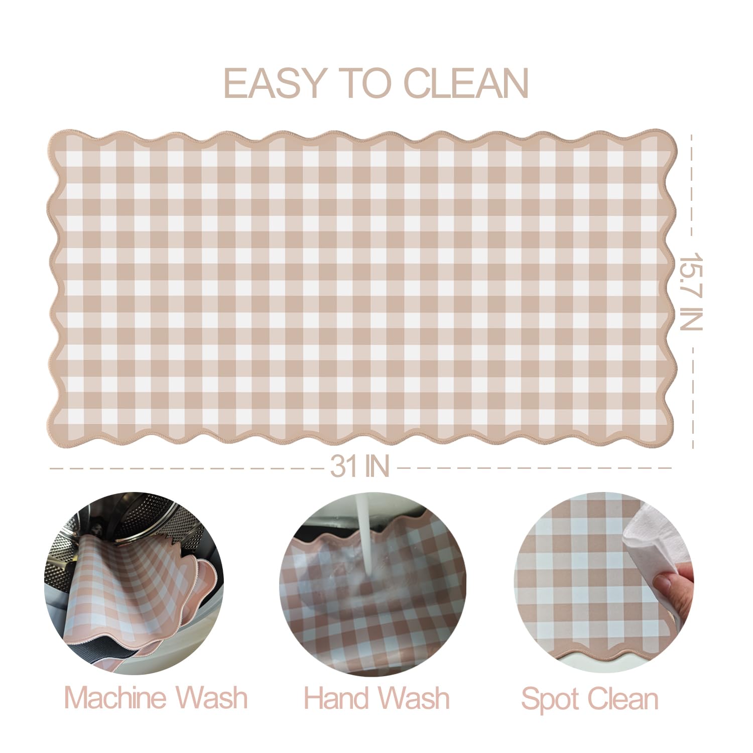 Scalloped‌ Checkered Desk Mat Cute Light Brown Gingham XXL Large Gaming Mouse Pad Farmhouse