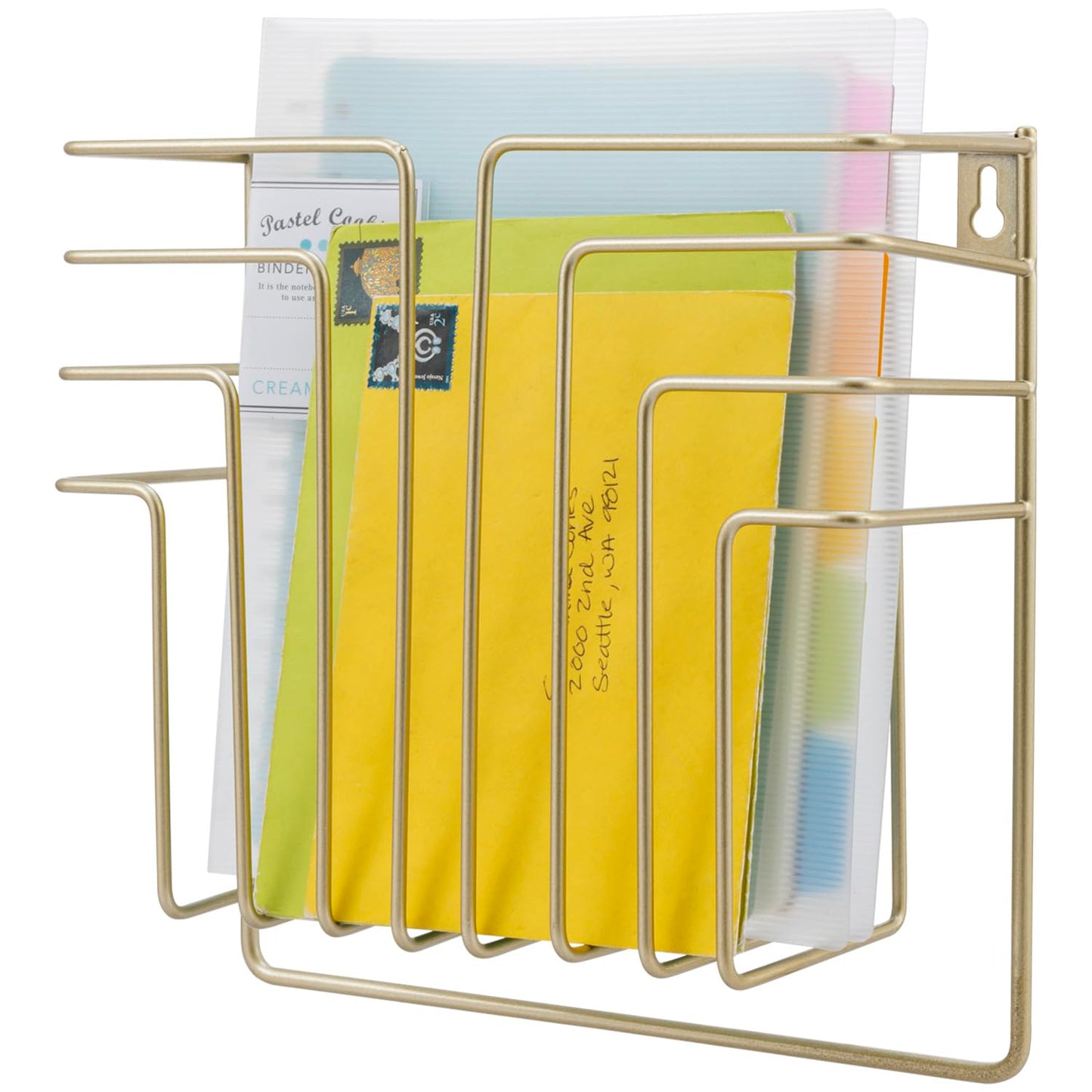 MyGift Modern Art Deco Style Brass Tone Metal Wire Floating Magazine Rack and File Folder Holder