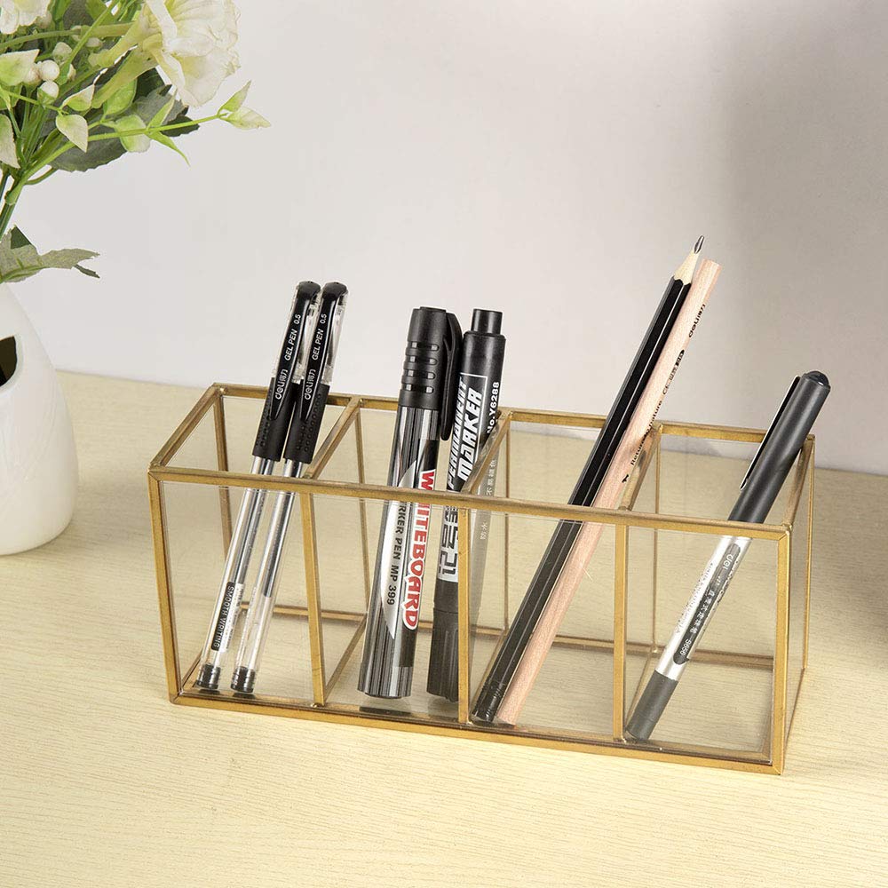 NIUBEE Gold Acrylic Pen Holder 4 Compartments, Desk Office Pencil Cup Desk