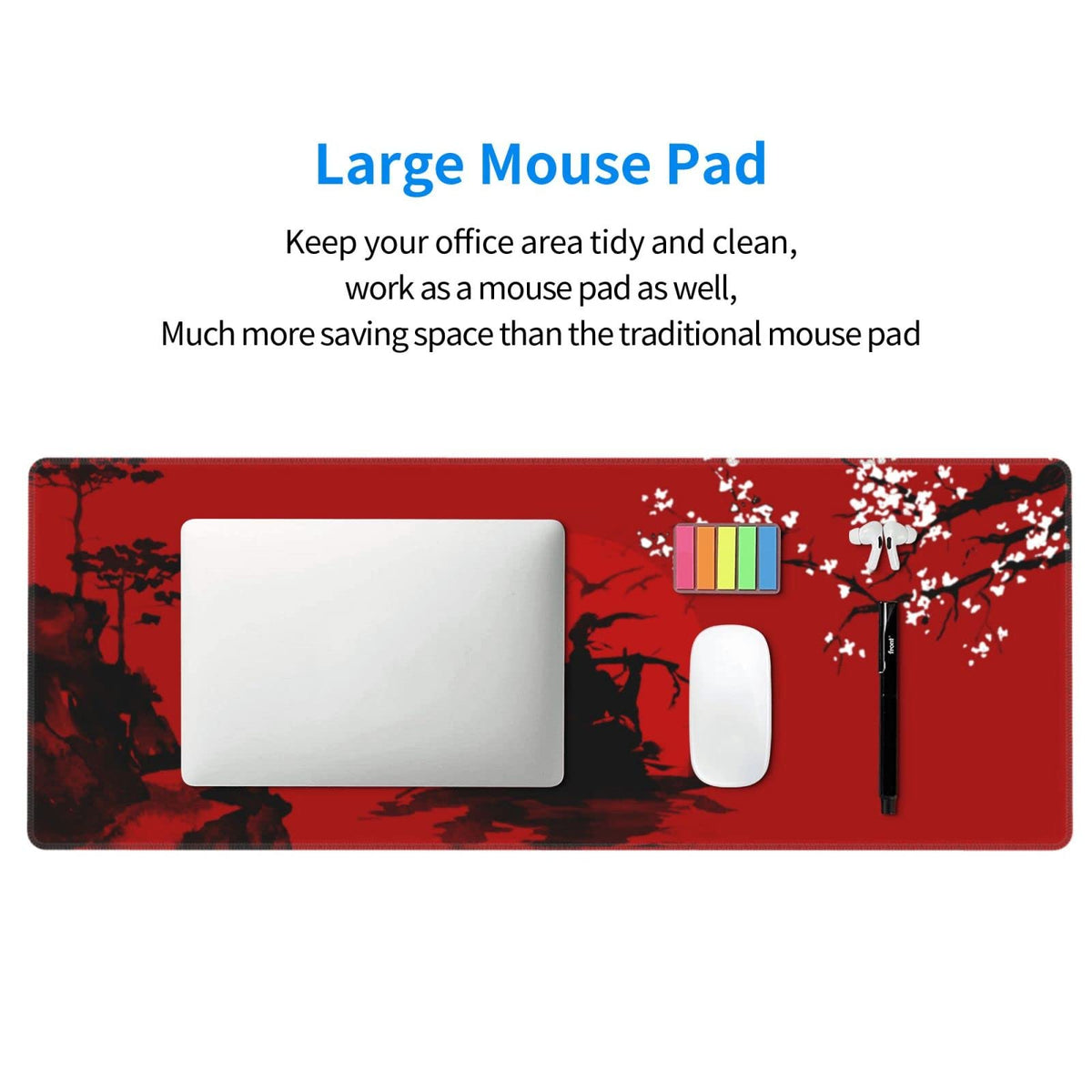 Japanese Cherry Blossom Samurai Black Red XXL XL Large Gaming Mouse Pad for Desk, Non-Slip Long