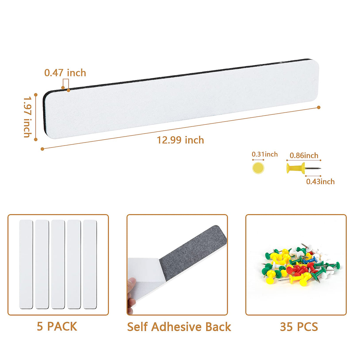 5 Pack Felt Pin Board Bar Strips Bulletin Board for Bedrooms Offices Home Wall Decoration, Notice