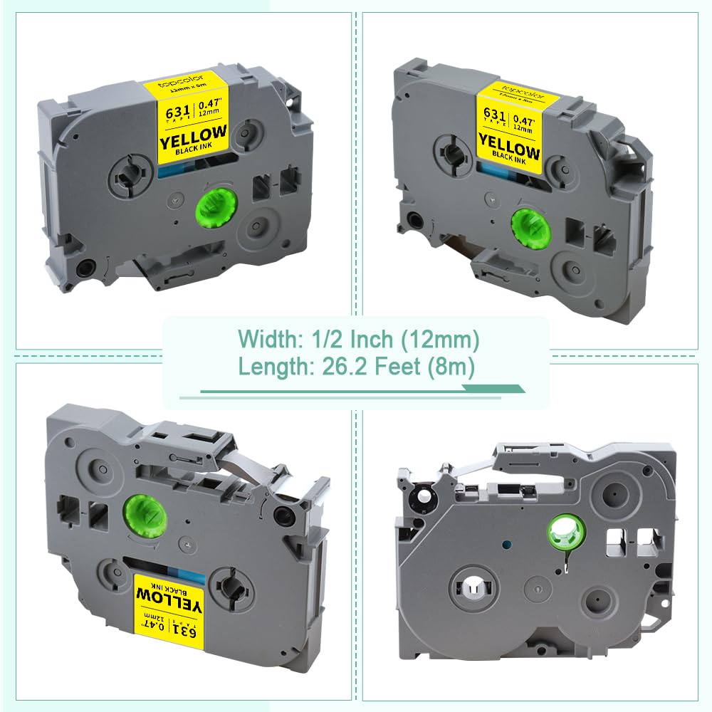 6-Pack Compatible for Brother Tze-631 12mm 1/2" Black on Yellow Label Tape
