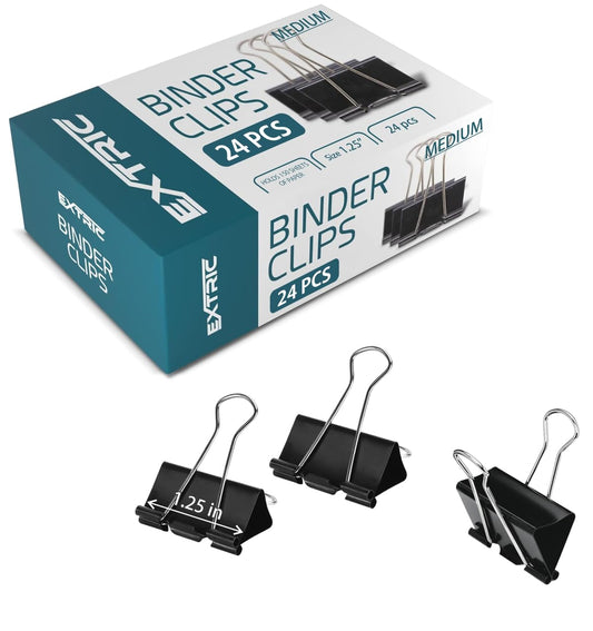 Binder Clips - 24 Medium Binder Clips, 1.25 Inch Black Paper Clamps, File Clip for Home, Office and
