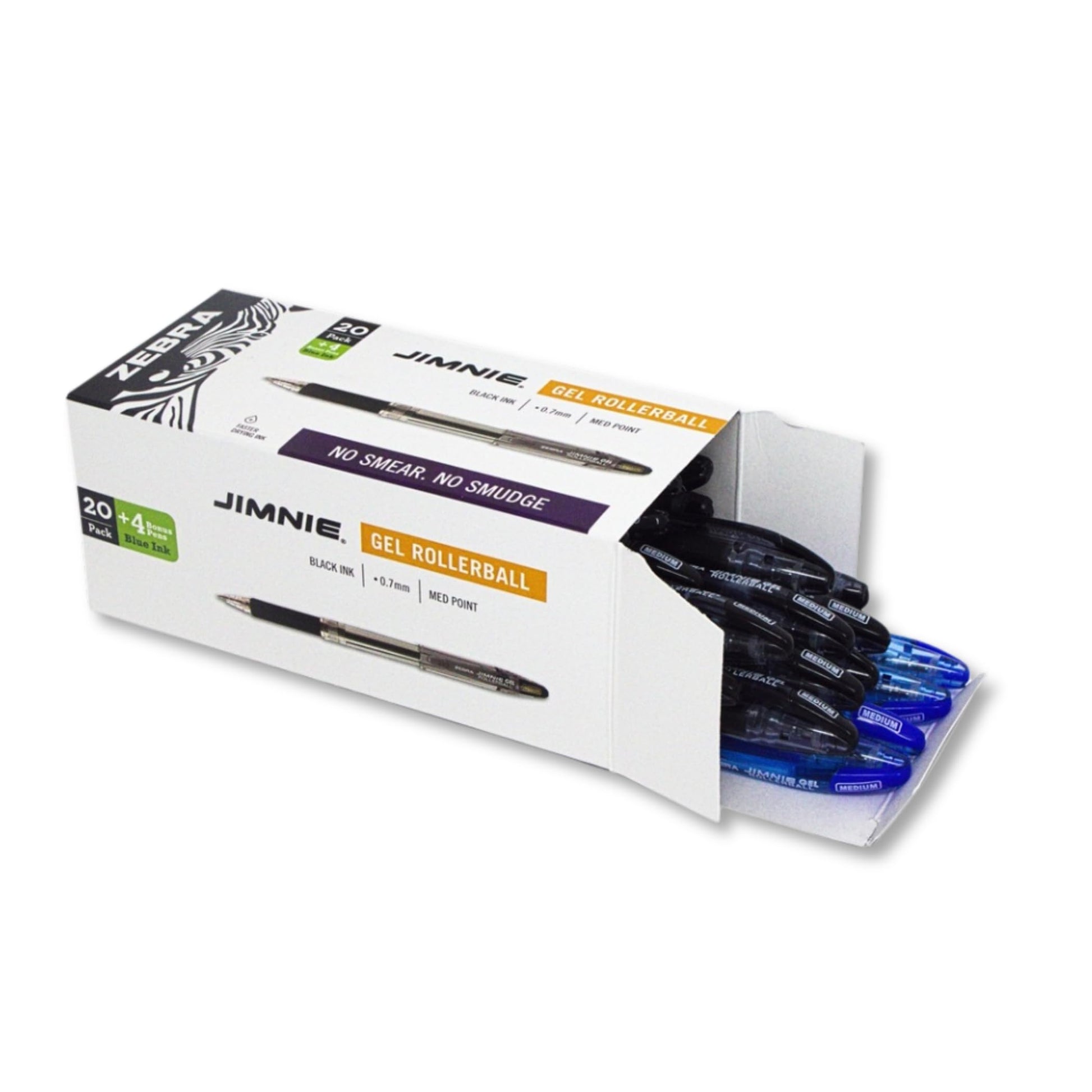 Zebra Pen Jimnie Rollerball Gel Pens, Medium Point 0.7 mm, 24-Count (20 Black, 4 Blue)