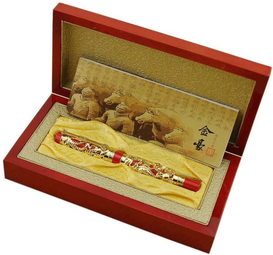 Jinhao Dragon Phoenix 3d Embossment Golden Red Fountain Pen Bent Nib Chinese Ruyi Clip Wooden Box