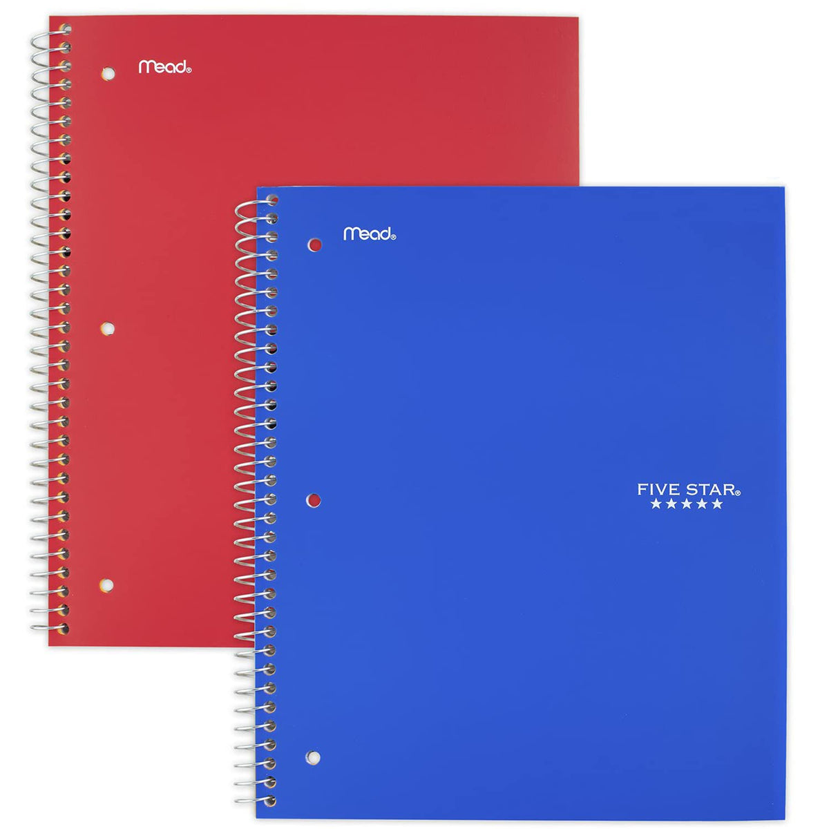 Five Star Spiral Notebooks, 1 Subject, Wide Ruled Paper, 100 Sheets, 10-1/2" x 8", Blue, Red, 2