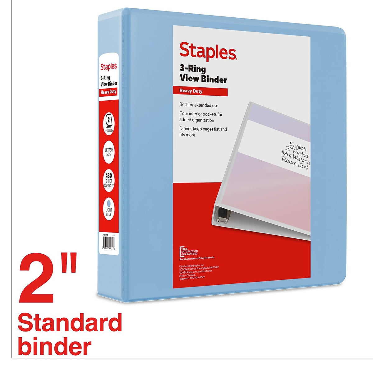 Staples Heavy-Duty 2-Inch 3-Ring View Binder, D-Ring, Light Blue