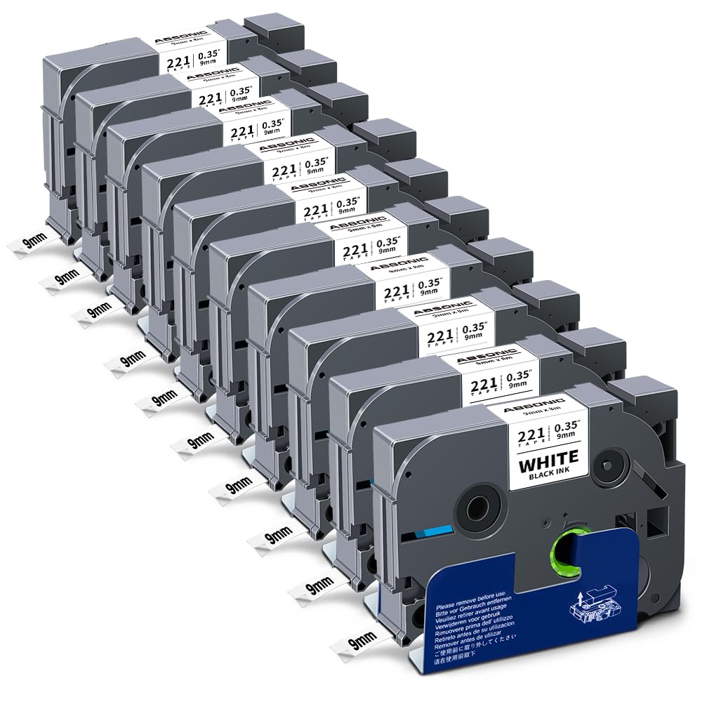 10-Pack Tz-221 9mm Black on White Label Tape Compatible for Brother Tze-221