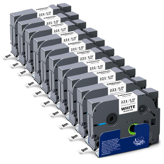 10-Pack Tz-221 9mm Black on White Label Tape Compatible for Brother Tze-221