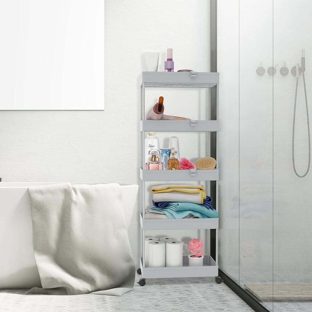 SPACEKEEPER 5 Tier Storage Rolling Cart, Bathroom Cart with Wheels, Gray