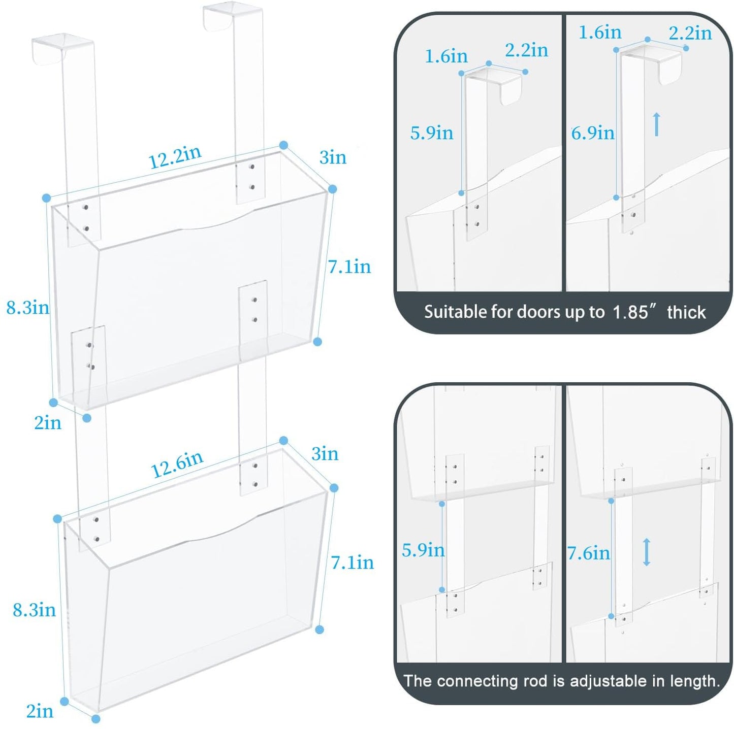 2 Tier Clear Acrylic Wall Hanging File Organizer Over the Door File Holder
