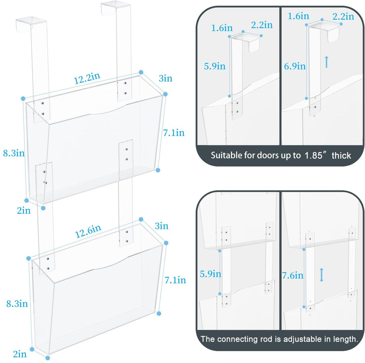 2 Tier Clear Acrylic Wall Hanging File Organizer Over the Door File Holder