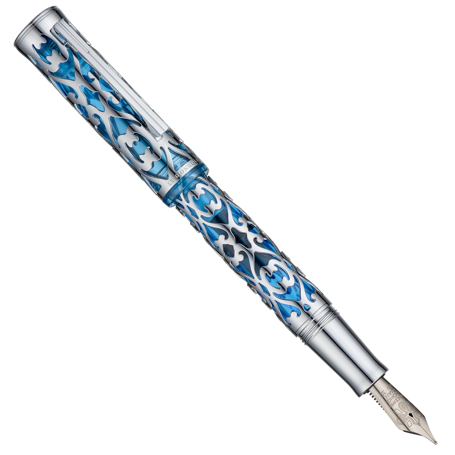 HONG DIAN D1 Piston Fountain Pen Fine Soft Nib, Silver Blue Hollow Skeleton & Resin Pen with Metal