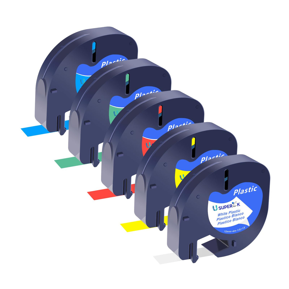 USUPERINK 5 Pack Plastic Letra Tag Label Tape Black on White/Yellow/Red/Green/Blue Compatible for