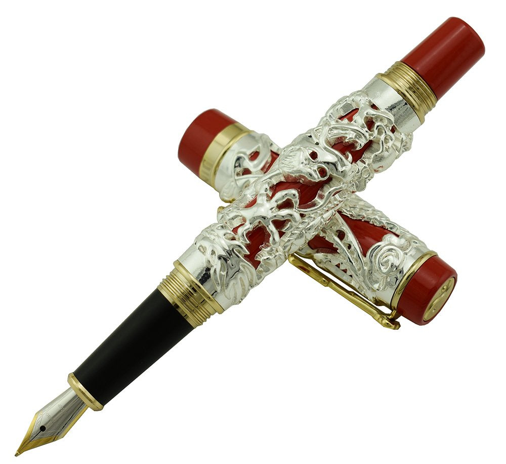 Jinhao Dragon Phoenix 3d Embossment Silver Red Fountain Pen Extra Fine Nib Chinese Ruyi Clip Wooden