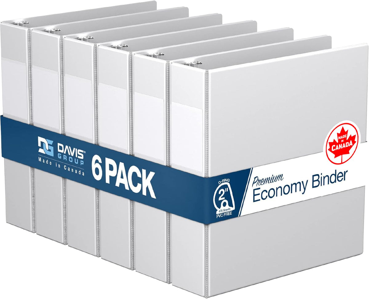 Premium Economy 3-Ring Binder, Spine Label, 2" D Rings, White, 6 Pack