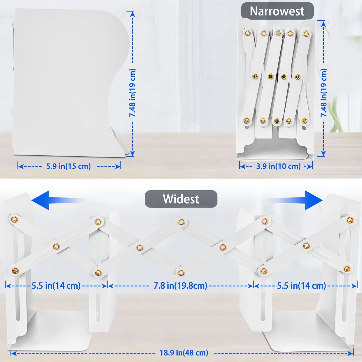 2PCS Carooyac Heavy Duty Bookends to Hold Books - Adjustable Metal Bookends for Shelves - White