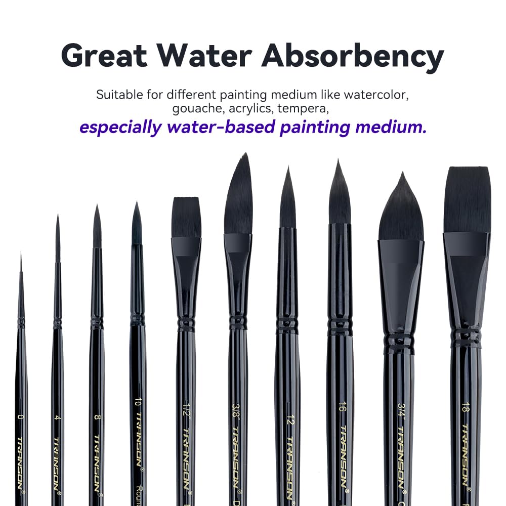 Transon 10pcs Natural Watercolor Paint Brush Set Professional for Watercolor Acrylic Ink Gouache