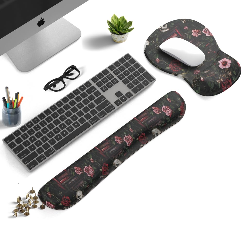 Gothic Skull Rose Ergonomic Mouse Pad with Wrist Rest & Keyboard Wrist Support Set - Non-Slip