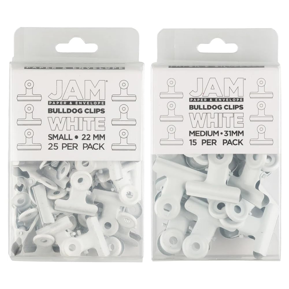 JAM PAPER Metal Bulldog Clips Combo Pack - Small & Medium - 22mm & 31mm - White - 40/Pack