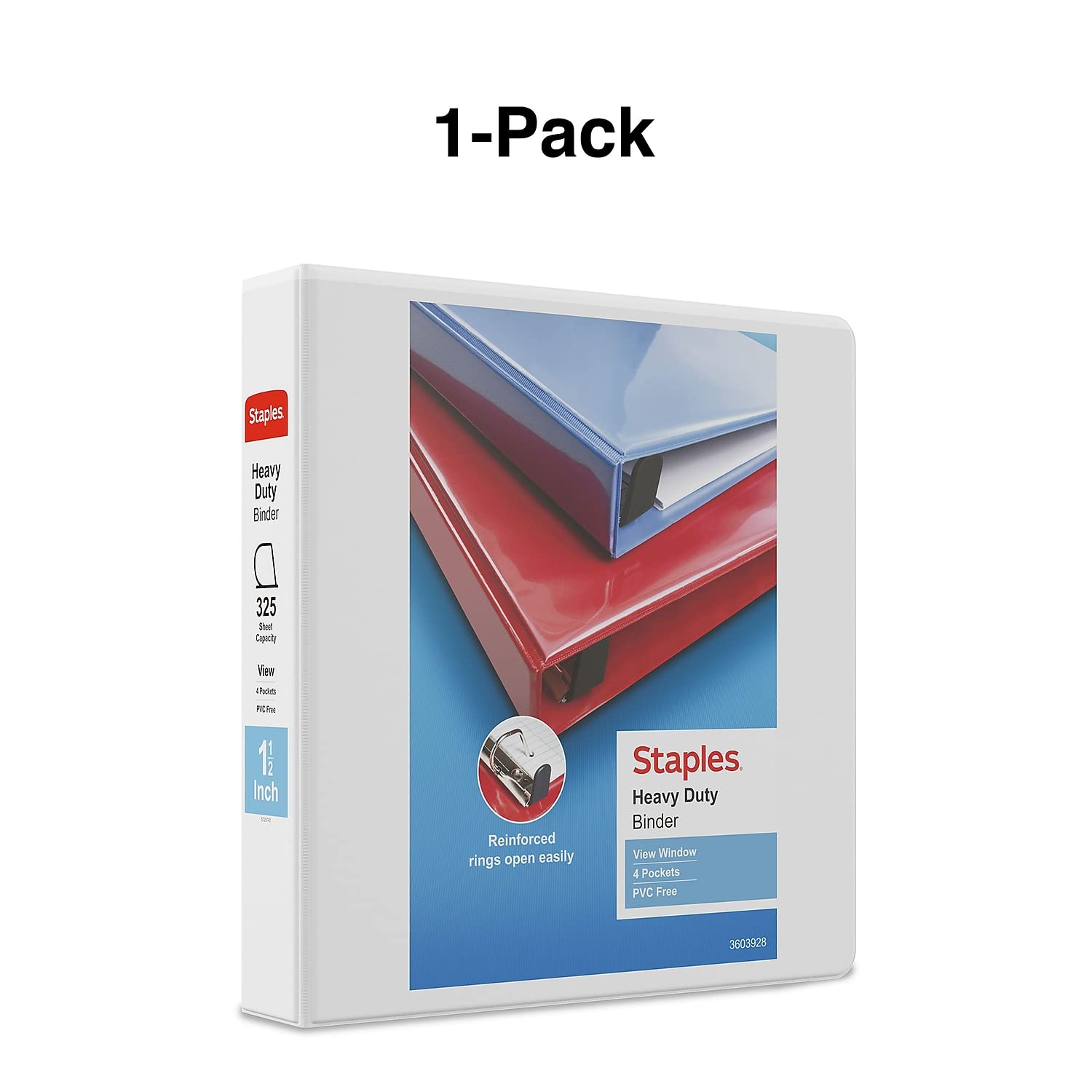 Staples Heavy-Duty 1.5-Inch 3-Ring View Binders, White, D-Ring, 3-Pk