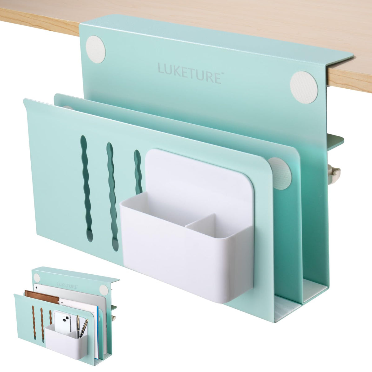 LUKETURE Desk Side Storage, 2 Tie Laptop Holder No Drill Clamp On Organizer
