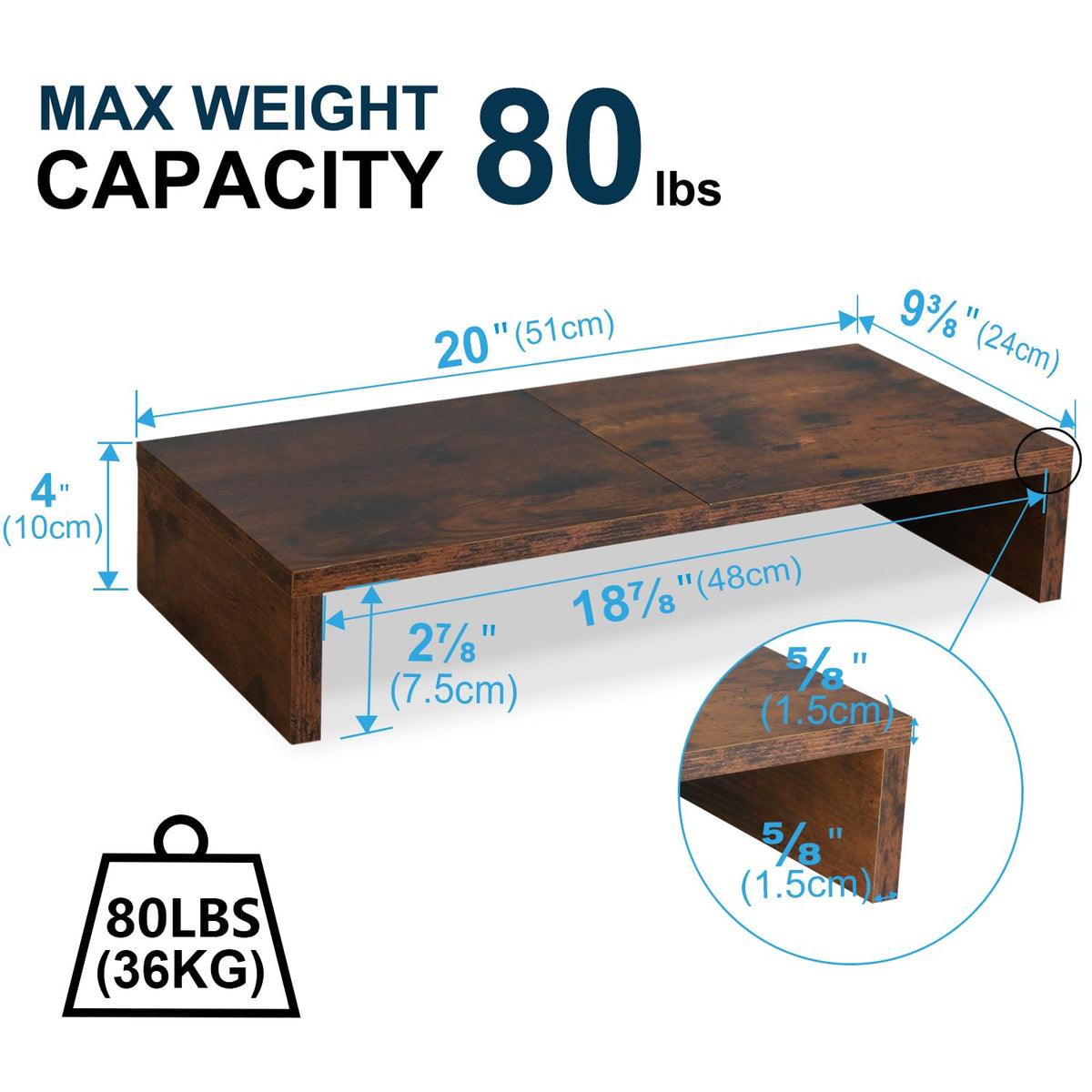 TEAMIX 20 inch Wood Monitor Stand Riser, Desktop Riser Shelf, Rustic Brown