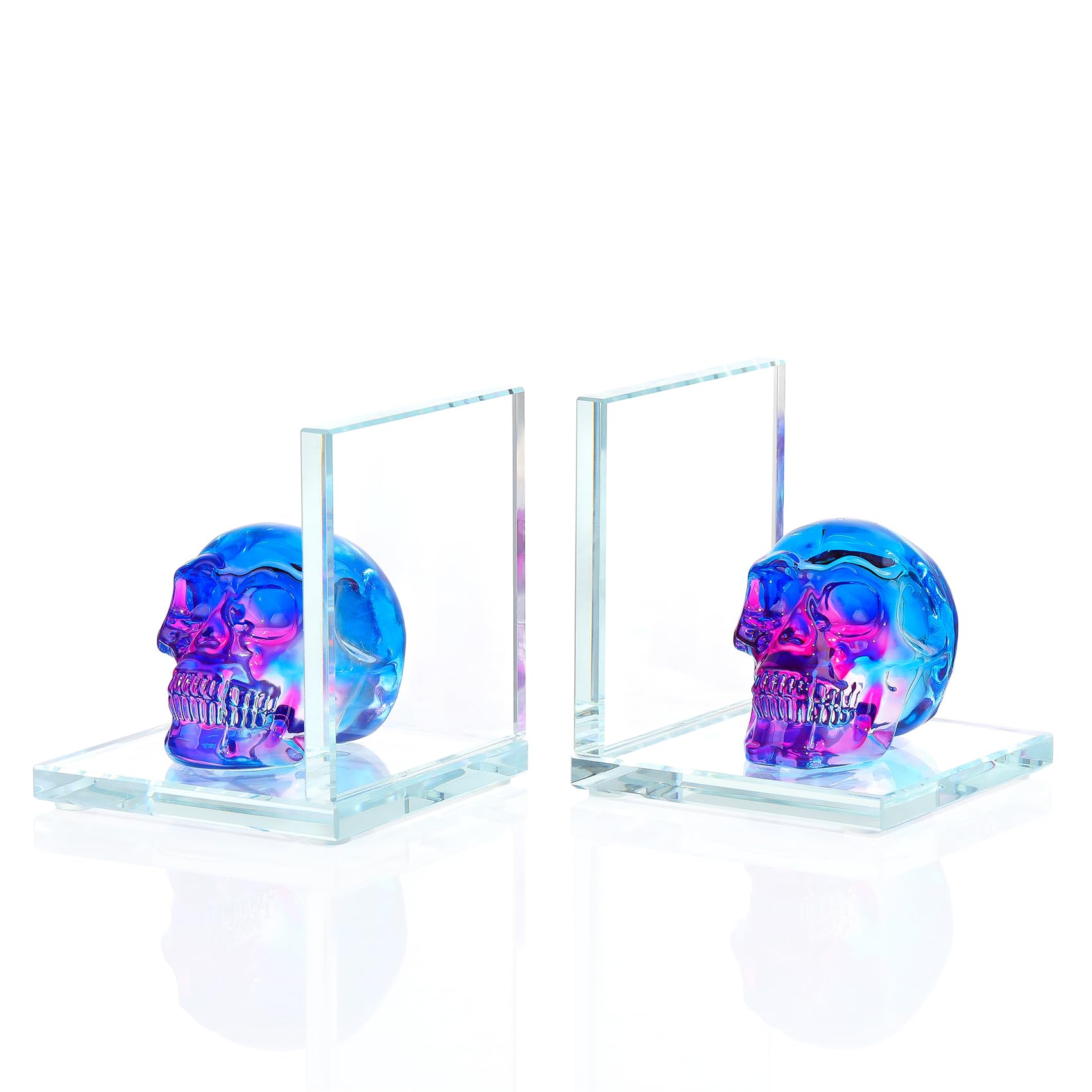 Glass Skull Book Ends for Shelves with Blue and Purple Crystal Skulls