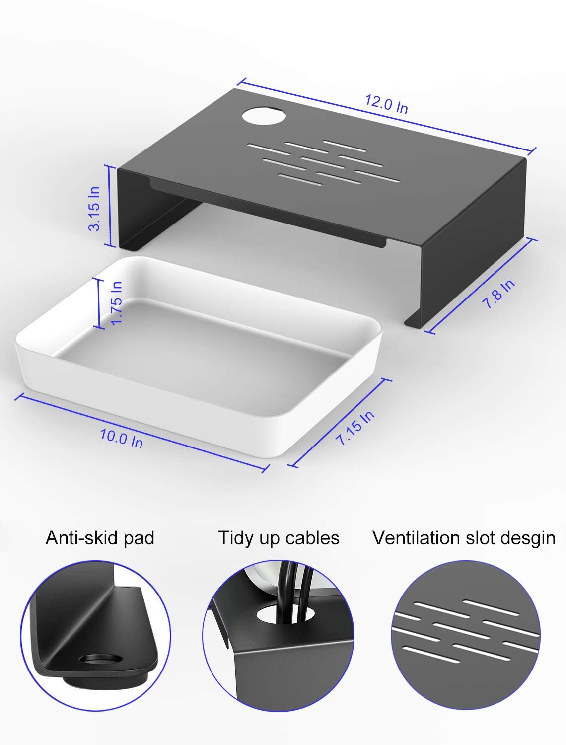 N.N 12 Inch Monitor Stand Riser and Plastic Storage Box,Metal Monitor Desk Stand with Ventilation