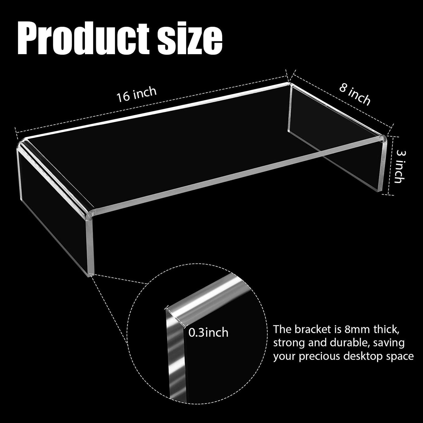 Jetec 2 Pcs Acrylic Monitor Stand Desktop Computer, Clear, 16 x 8 x 3 Inch