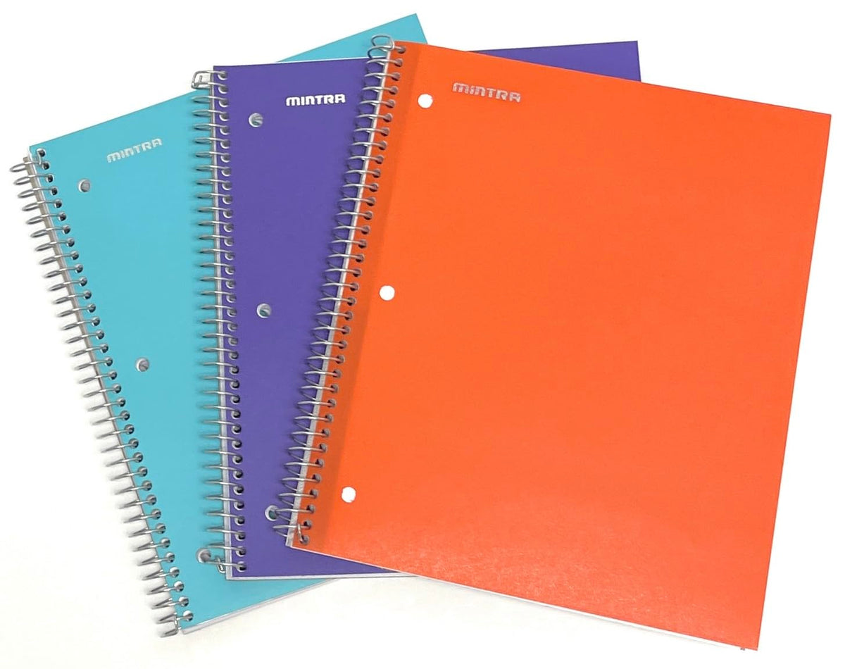 Mintra Office Durable Spiral Notebooks, 3 Subject (Teal, Purple, Orange, College Ruled 3pk)