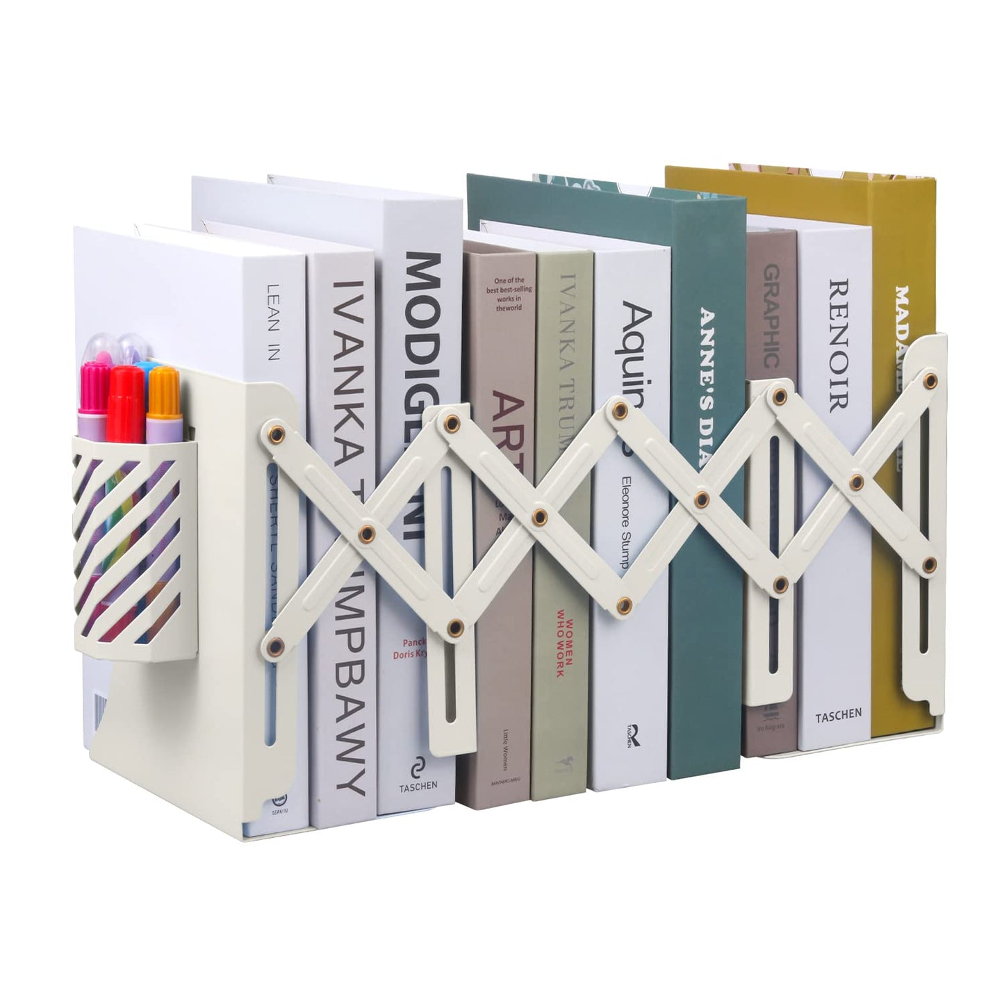 MSDADA Adjustable Bookends, Metal Book Ends for Heavy Books, Expandable Book Organizer with Pen