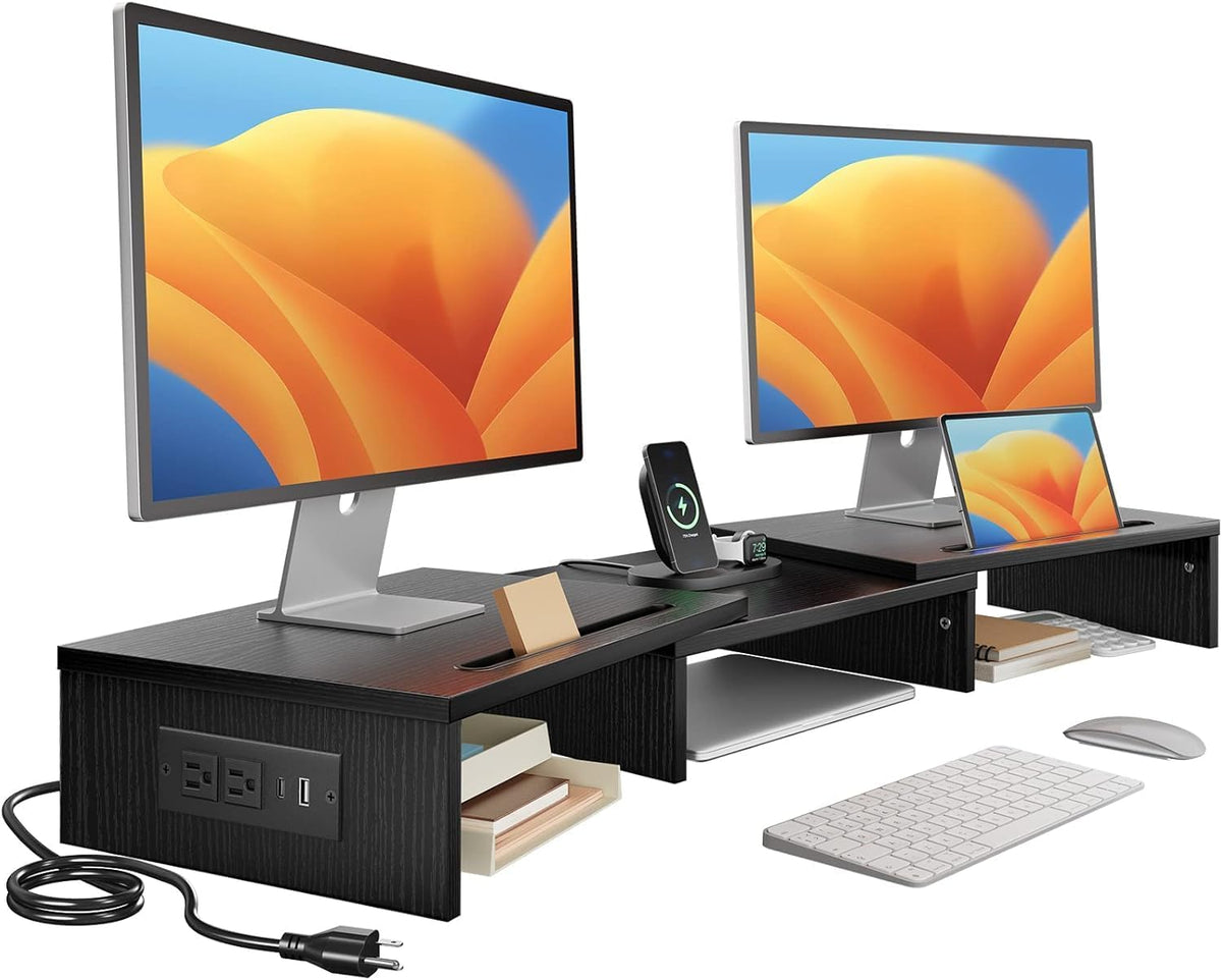 HUANUO Dual Monitor Stand with USB Ports, Adjustable Length & Angle, Black