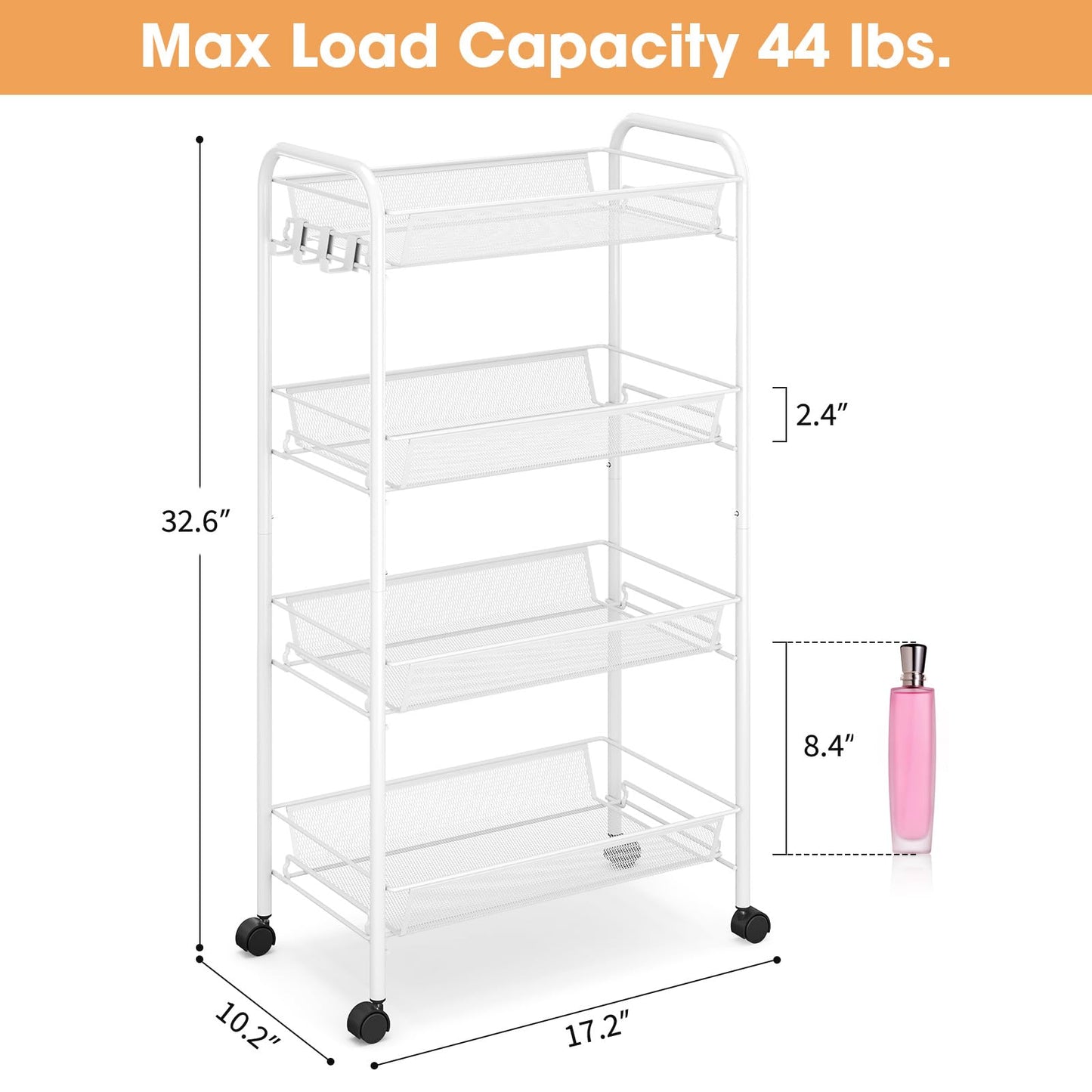 TOOLF 4 Tier Rolling Cart, Metal Utility Storage Cart with Wheels, White