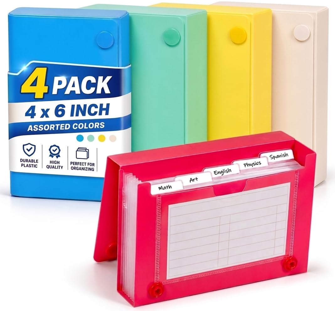 1InTheOffice Index Card Holder 4x6, Index Card Case, Assorted Colors (4 Pack)