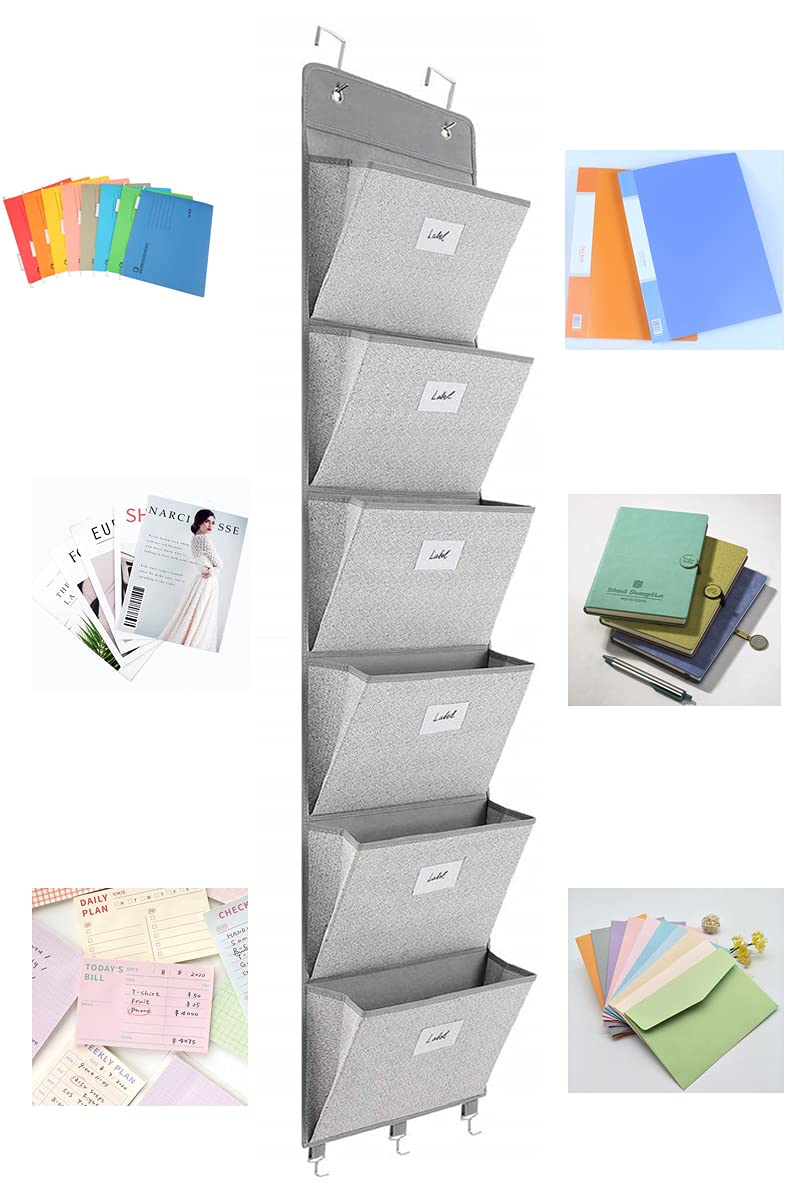 Geodurn Over The Door File Organizer - 6 Extra Large Pockets Hanging Wall Mounted Storage Files