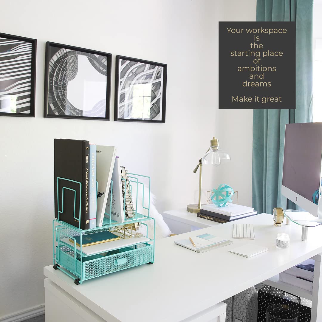 BLU MONACO Mint Green Desk Organizer With File Sorters and Drawer | Metal Mesh Desktop Storage for