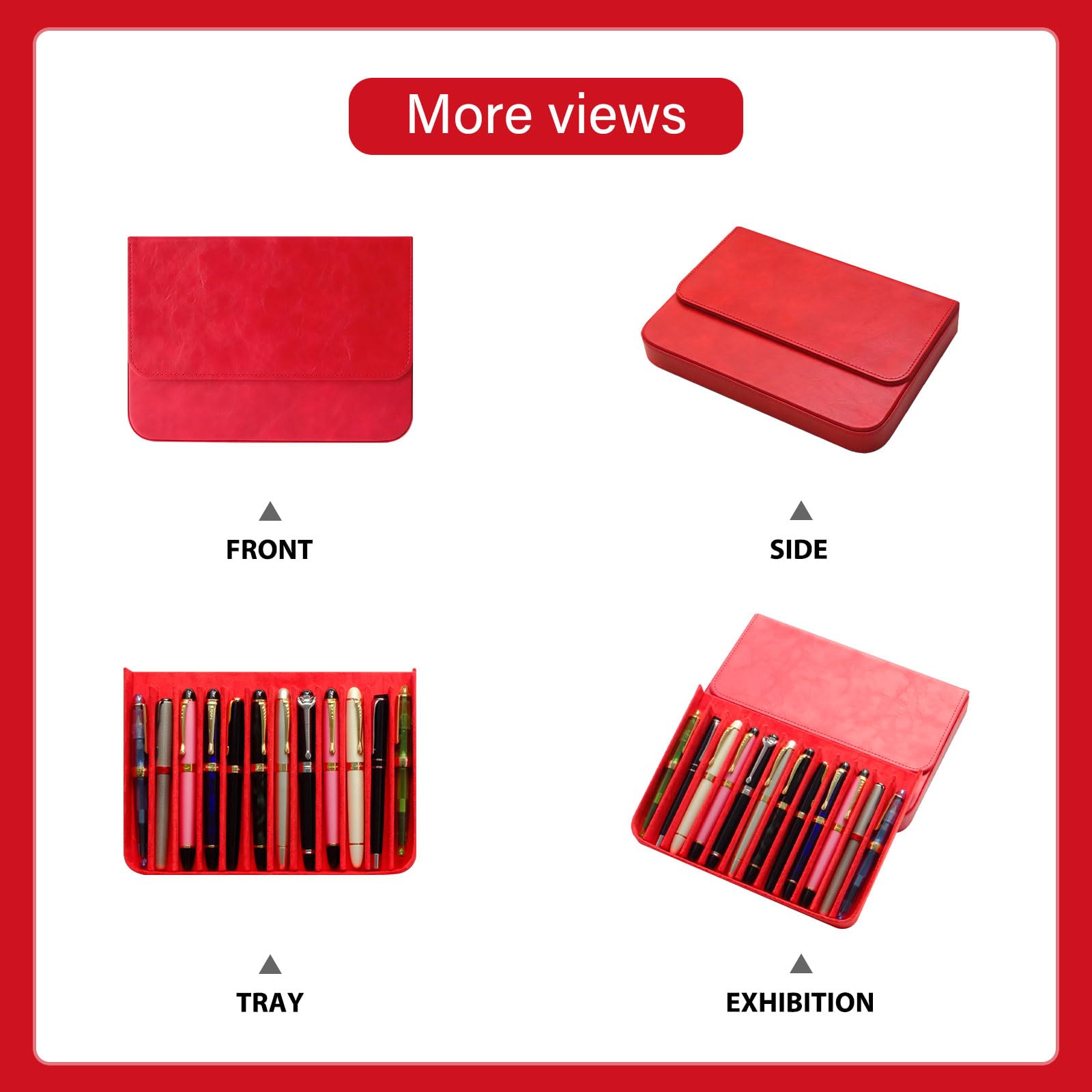 MIVLXLX PU Leather Fountain Pen Case, 12-Slot Pen Storage Tray(red)