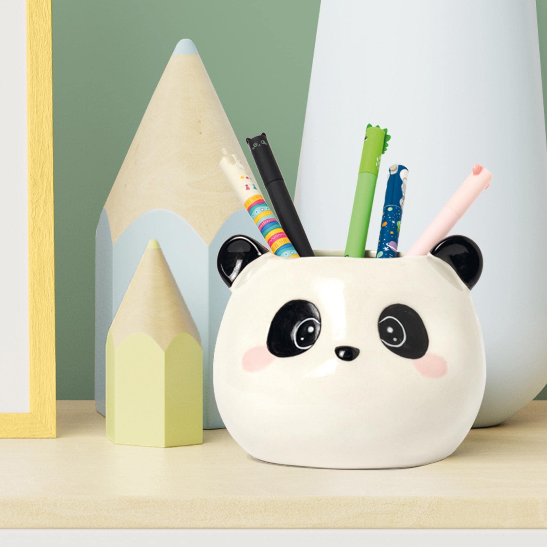 LEGAMI - Ceramic Pen Holder, Panda Theme, Desk Friends, Hand Painted, Gift Idea, Desk Organizer