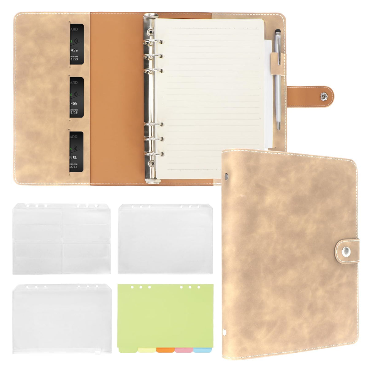 FYY A5 Binder Refillable Planner Notebook 6 Ring, Khaki